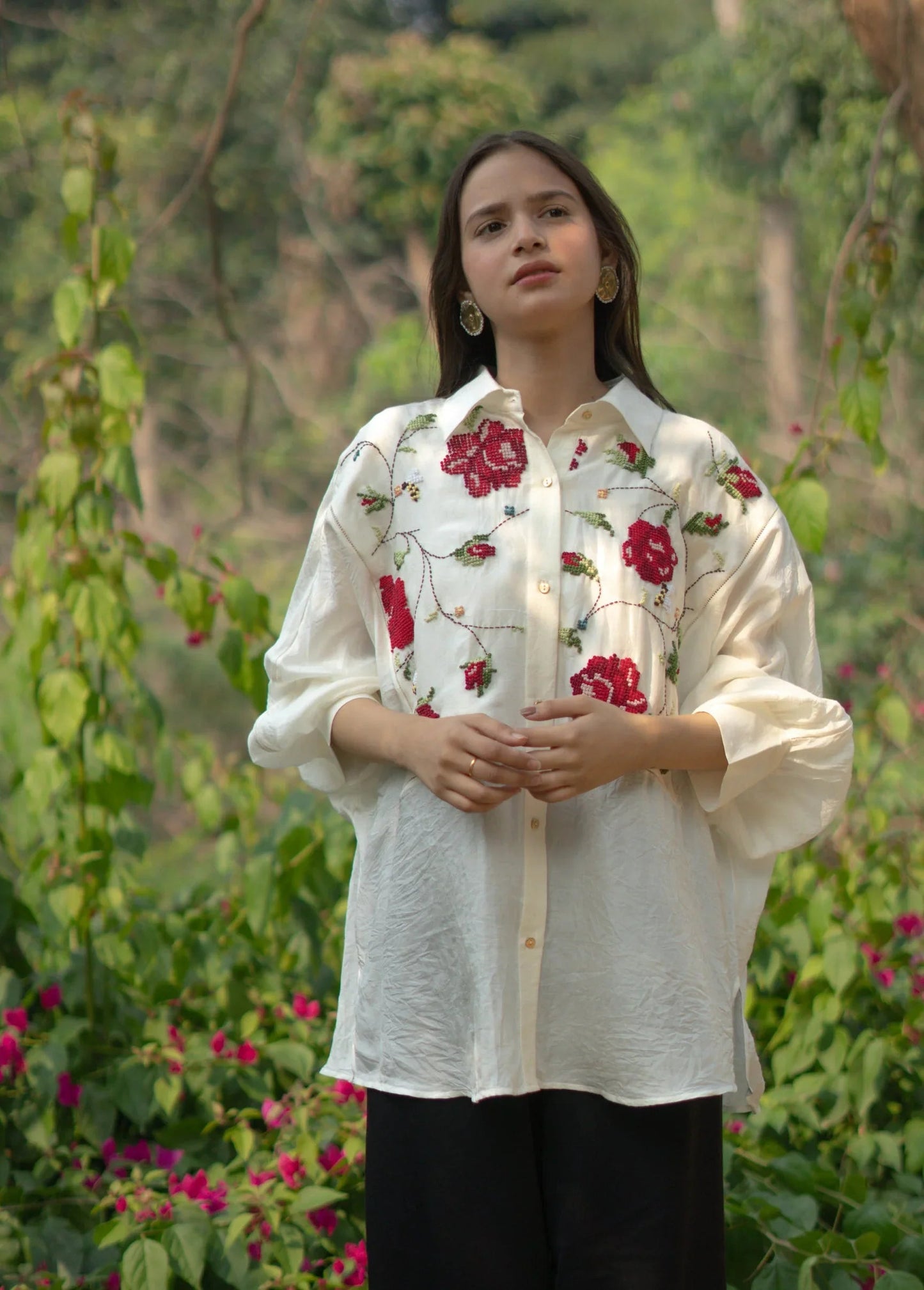 Buy Handcrafted Rose Embroidered Silk Shirt