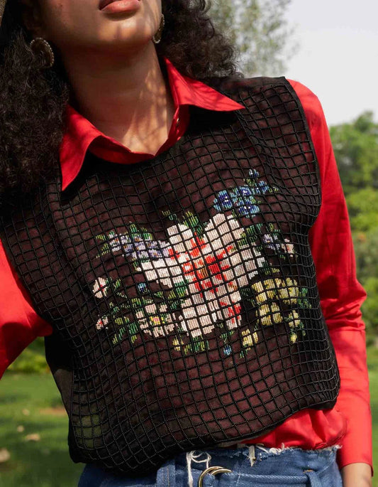 Buy Rose Embroidered on Organza Bib